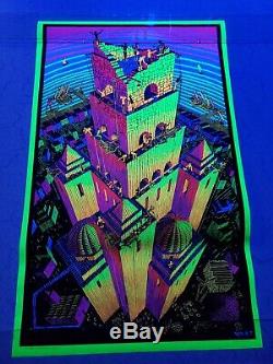 1970s Original M. C. Escher TOWER OF BABEL Blacklight Poster Psychedelic NOS