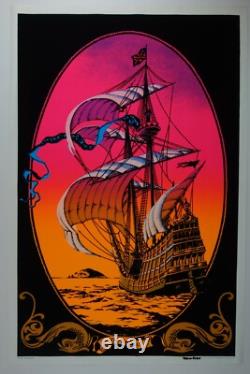 1972 Vintage Blacklight Poster The Voyage Sail Ship Aa Sales 23x35 Flocked