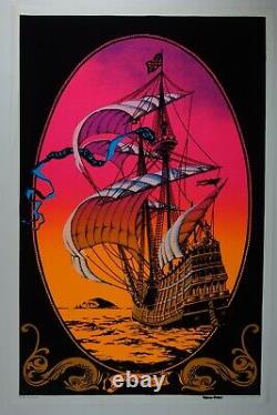 1972 Vintage Blacklight Poster The Voyage Sail Ship Rare Flocked Aa Sales