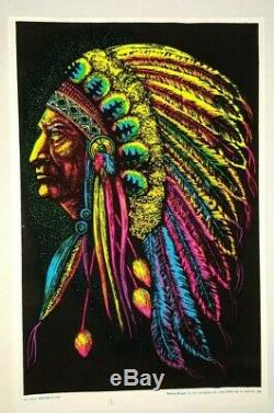 1972 Vintage Rare Flocked Blacklight Poster Native Indian Chief Aa Sales