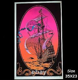 1972 Vintage Velvet Blacklight Poster Beautiful Ship Sailboat The Voyage 17x11