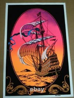 1972 Vintage Velvet Blacklight Poster Beautiful Ship Sailboat The Voyage 17x11