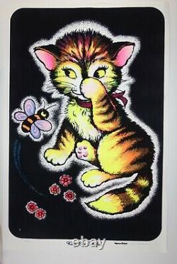 1973 Vintage Blacklight Poster Kitty Bee Careful Cat Rare Flocked Aa Sales