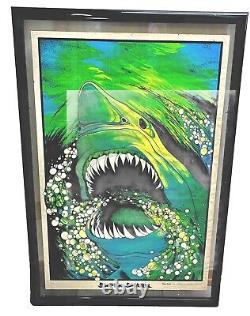 1975 SUPER SHARK Velva-Print 23x35 Flocked Blacklight Poster PP-459 Framed