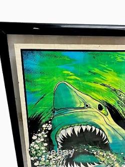 1975 SUPER SHARK Velva-Print 23x35 Flocked Blacklight Poster PP-459 Framed