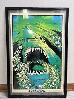 1975 SUPER SHARK Velva-Print 23x35 Flocked Blacklight Poster PP-459 Framed
