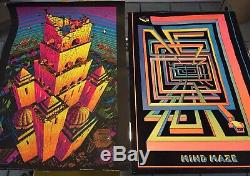 2 Lot Vtg 70s MC Escher Evans Psychedelic Blacklight Poster Velvet Art Large USA
