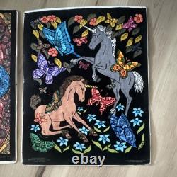 2 Vintage fuzzy, blacklight posters/Unicorns, Abstract psychedelic, 1996