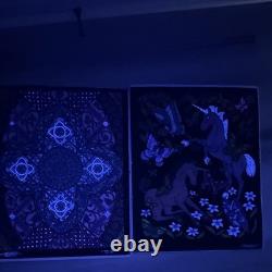 2 Vintage fuzzy, blacklight posters/Unicorns, Abstract psychedelic, 1996