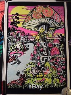 3 Vintage 90s Black Light Posters, 1 Black Light, and 1 Vintage Cannabis Poster