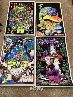 4 Alice In Wonderland Blacklight Flocked Poster And 2 Other Blacklight Posters