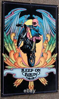 70's Western Graphics Felt Black Light Poster Keep On Bikin 394 Motorcycle