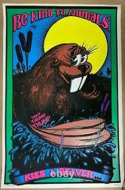 Be Kind To Animals, Kiss A Beaver 1973 Vintage Blacklight Nos Flocked Poster