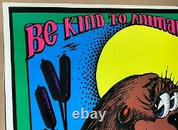 Be Kind To Animals, Kiss A Beaver 1973 Vintage Blacklight Nos Flocked Poster