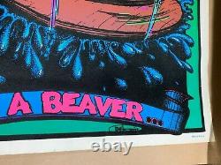 Be Kind To Animals, Kiss A Beaver 1973 Vintage Blacklight Nos Flocked Poster