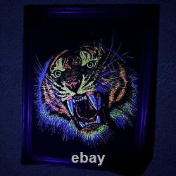 Framed Vintage 1970s Velvet Blacklight Bengal Tiger Poster MCM Art