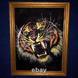 Framed Vintage 1970s Velvet Blacklight Bengal Tiger Poster MCM Art