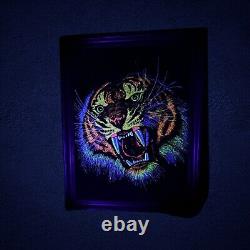 Framed Vintage 1970s Velvet Blacklight Bengal Tiger Poster MCM Art