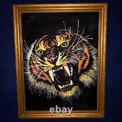 Framed Vintage 1970s Velvet Blacklight Bengal Tiger Poster MCM Art