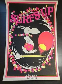 HTF Vintage Snoopy SURF'S UP 1970s BLACK LIGHT Poster 23 x 35 Screenprint Surfer