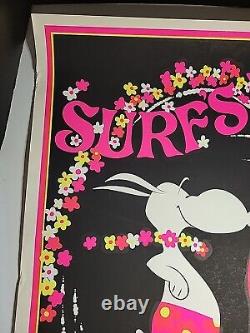 HTF Vintage Snoopy SURF'S UP 1970s BLACK LIGHT Poster 23 x 35 Screenprint Surfer