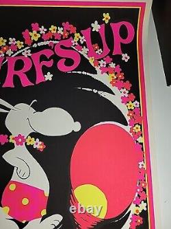 HTF Vintage Snoopy SURF'S UP 1970s BLACK LIGHT Poster 23 x 35 Screenprint Surfer