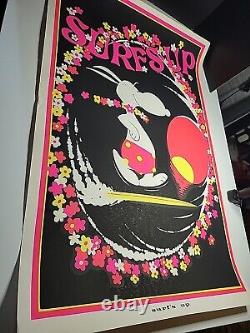 HTF Vintage Snoopy SURF'S UP 1970s BLACK LIGHT Poster 23 x 35 Screenprint Surfer