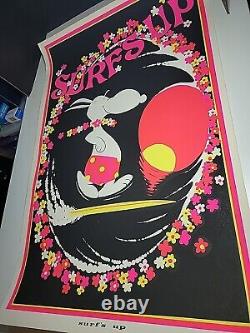 HTF Vintage Snoopy SURF'S UP 1970s BLACK LIGHT Poster 23 x 35 Screenprint Surfer