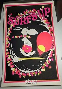 HTF Vintage Snoopy SURF'S UP 1970s BLACK LIGHT Poster 23 x 35 Screenprint Surfer