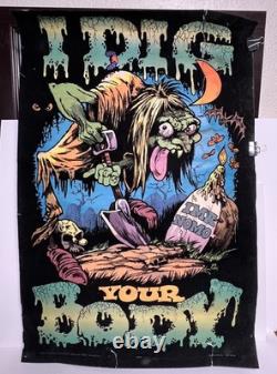 I DIG YOUR BODY Zombie Blacklight Poster Flocked Velvet Vintage 1970s Nate Owens