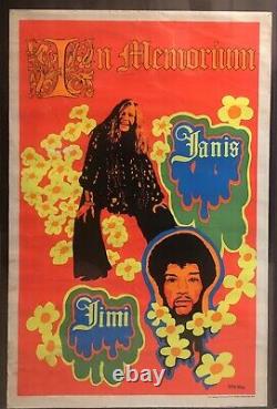 Jimi Hendrix Janis Joplin 1970 Vintage Memorial Blacklight Poster Black Light