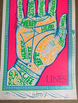 MOUNTS PALMISTRY LINES VINTAGE 1970's BLACKLIGHT HEADSHOP POSTER By DUNHAM