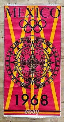 ORIGINAL MEXICO 1968 OLYMPICS DAY-GLO POSTER 24 x 48 Aztec Calendar L. Wyman Art