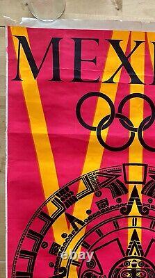 ORIGINAL MEXICO 1968 OLYMPICS DAY-GLO POSTER 24 x 48 Aztec Calendar L. Wyman Art