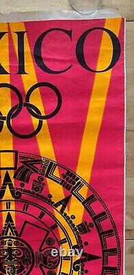 ORIGINAL MEXICO 1968 OLYMPICS DAY-GLO POSTER 24 x 48 Aztec Calendar L. Wyman Art