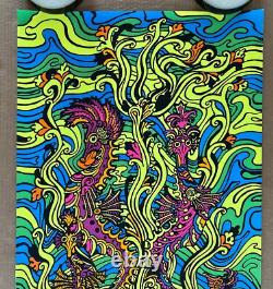 Original Vintage 1970 70s Black Light Sea Horses Psychedelic Poster Third Eye