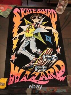 Original Vintage 1970s SKATEBOARD WIZARD Black light Poster Velvet 21 x 33