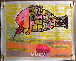 Original Vintage Black light poster psychedelic fish people faces 1960s Abstract