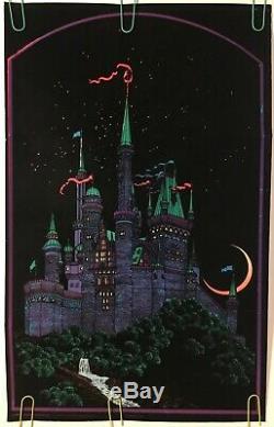 Original Vintage Blacklight Poster 1970s Moon Castle Flocked Velvet Retro Pin-up