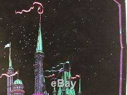 Original Vintage Blacklight Poster 1970s Moon Castle Flocked Velvet Retro Pin-up