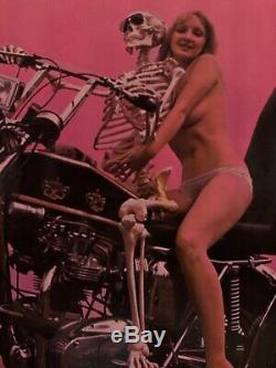 Original Vintage Blacklight Poster Last Trip Motorcycle Woman Skeleton 1973