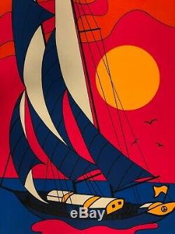 Original Vintage Blacklight Poster Psychedelic Sailboat 1970s Boat Ship Sailing