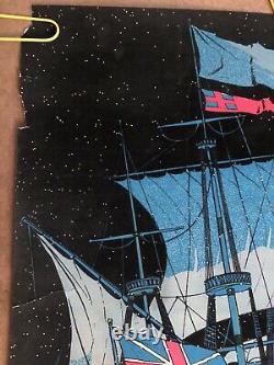 Original Vintage Poster Man O War Ship Boat Vessel Black Light Velvet Pin Up