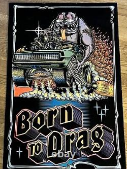 RARE VINTAGE 1970`s BORN TO DRAG VELVET BLACKLIGHT POSTER 1968 CAMARO 32X21