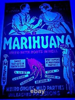 Rare 1967 Marihuana Morgan Love Black Light Poster Marijuana Weed & Orgies VG