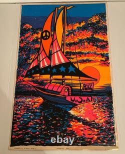 Rare ORIGINAL 1971 PEACEFUL SAIL Blacklight Poster 34 x 22