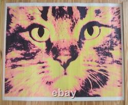 Rare Vintage 1960s Blacklight Psychedelic Cat Poster in Pink Yellow & Black
