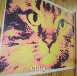 Rare Vintage 1960s Blacklight Psychedelic Cat Poster in Pink Yellow & Black