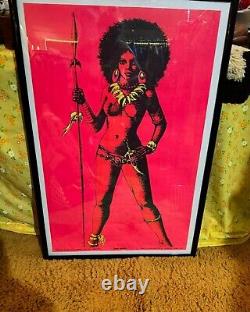 Rare Vintage Dead Stock 1970 Afro African War Queen Blacklight Poster Art Boho