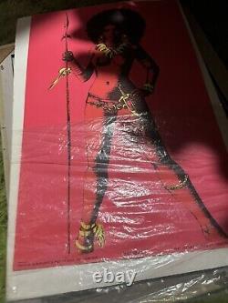 Rare Vintage Dead Stock 1970 Afro African War Queen Blacklight Poster Art Boho